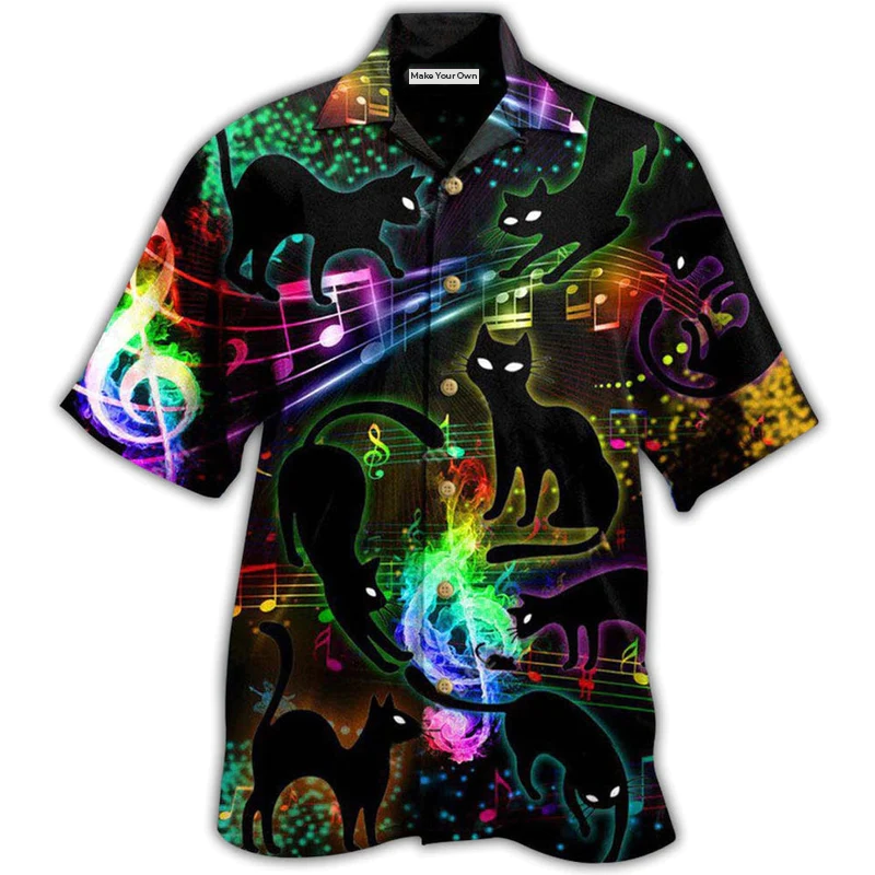 Black Magical Cat Light Cats Music Notes Hawaiian Shirt Design Detail For Beach Days And Holiday Travel