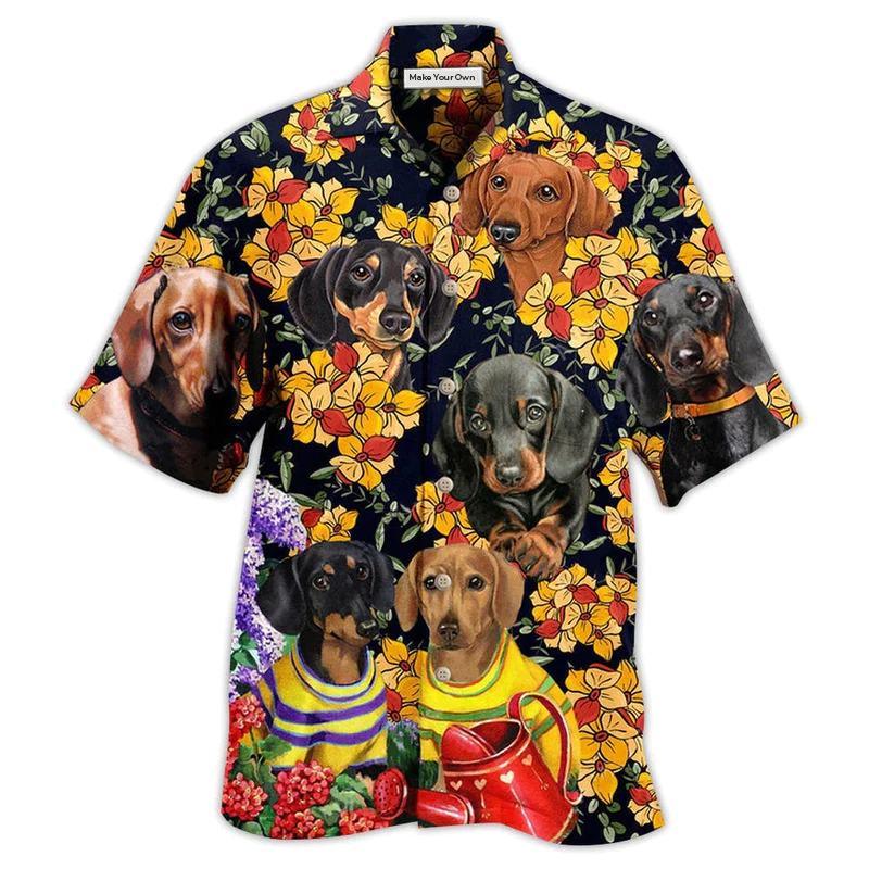 Floral Black Dachshund Hawaiian Shirt For Summer Events And Casual Outdoor Wear