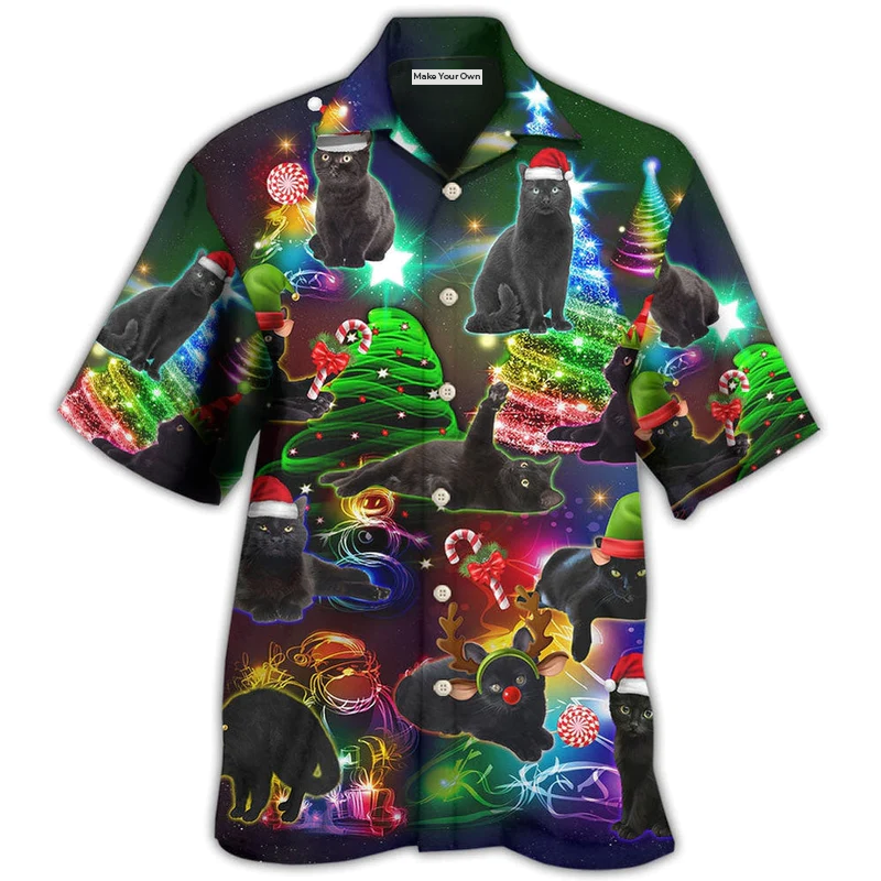 Black Cat Christmas Tree Hawaiian Shirt For Coastal Adventures And Warm Weather Wear