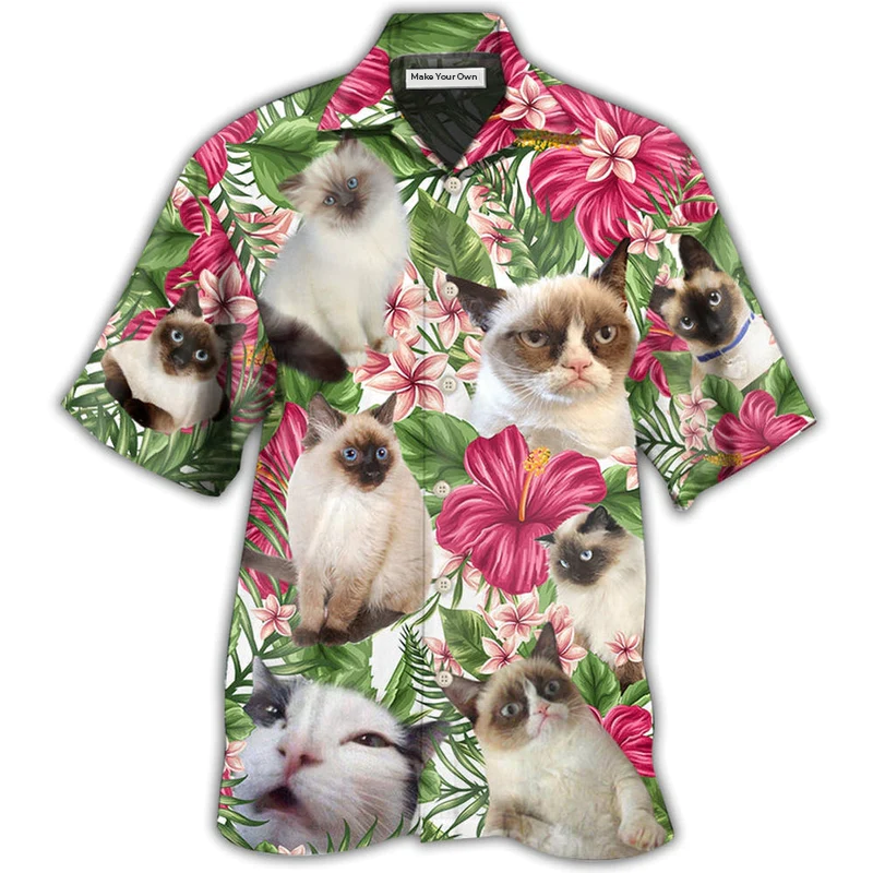 Tropical Floral Cat Siamese Hawaiian Shirt Pattern View For Lightweight Everyday Style