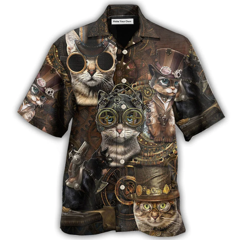 Cat Streampunk Hawaiian Shirt For Summer Vacation And Beach Travel