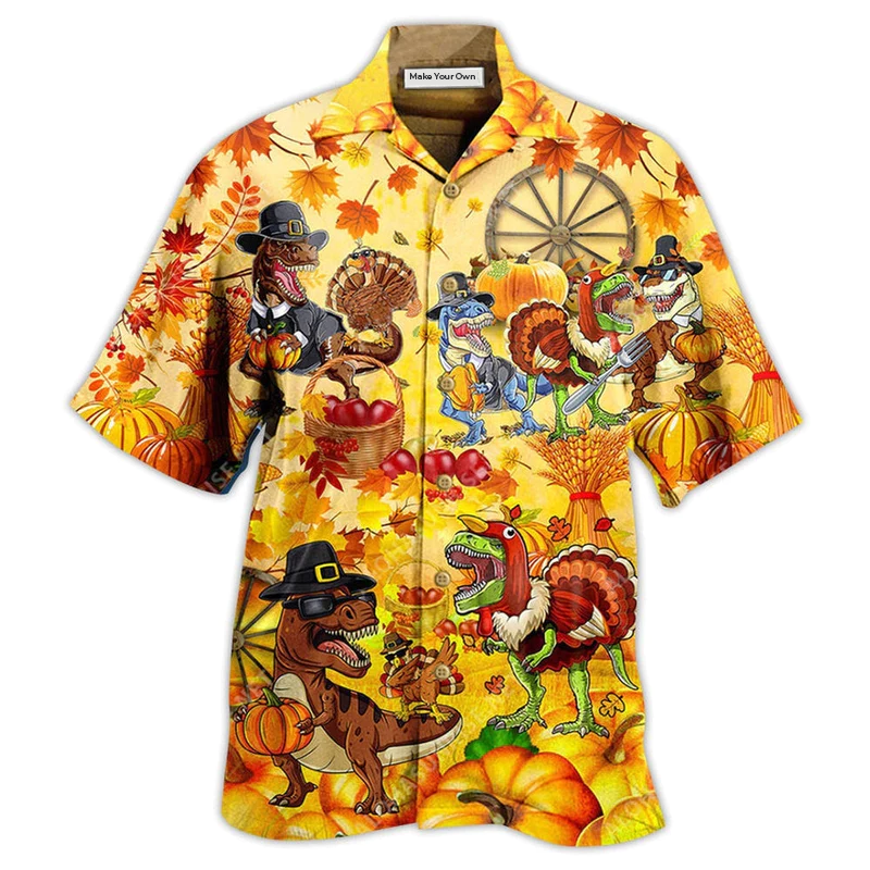 Dinosaur Autumn Hawaiian Shirt Design Detail For Sunny Adventures And Casual Wear