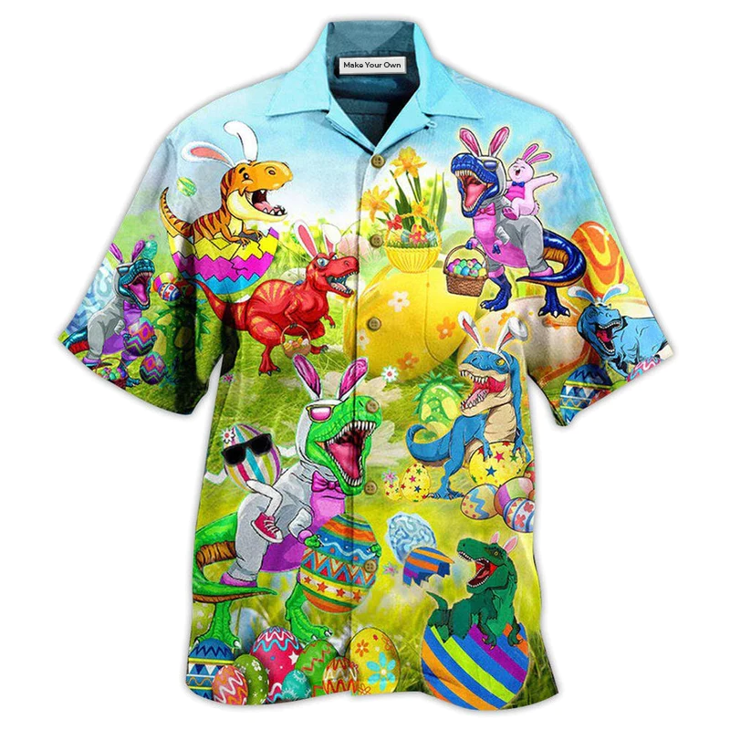 Easter Dinosaurs Rexes Wanna Joint Eggs Hawaiian Shirt Artwork Detail For Tropical Trips And Casual Outings