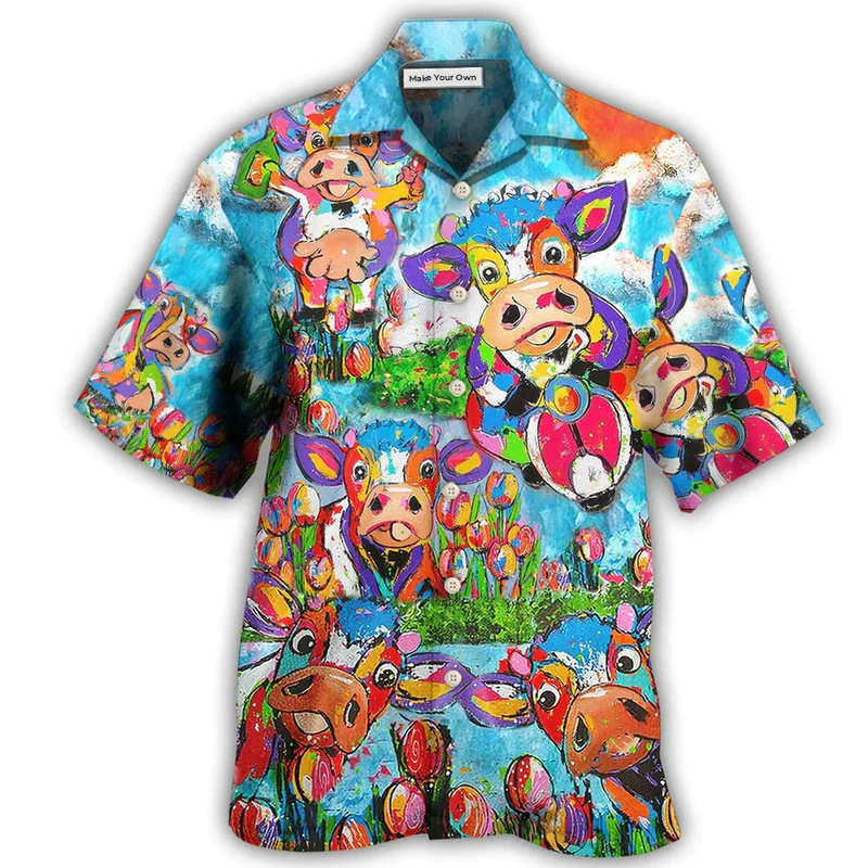 Happy Funny Cow Animals Hawaiian Shirt Design View For Resort Travel And Thoughtful Gifting