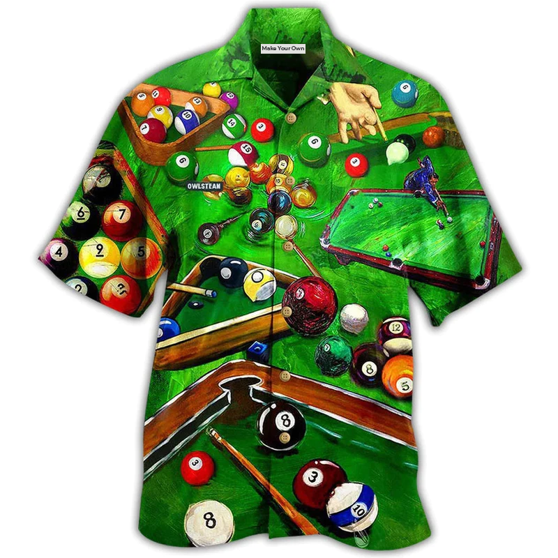 Green Billiard Hawaiian Shirt Artwork Detail For Resort Trips And Outdoor Activities