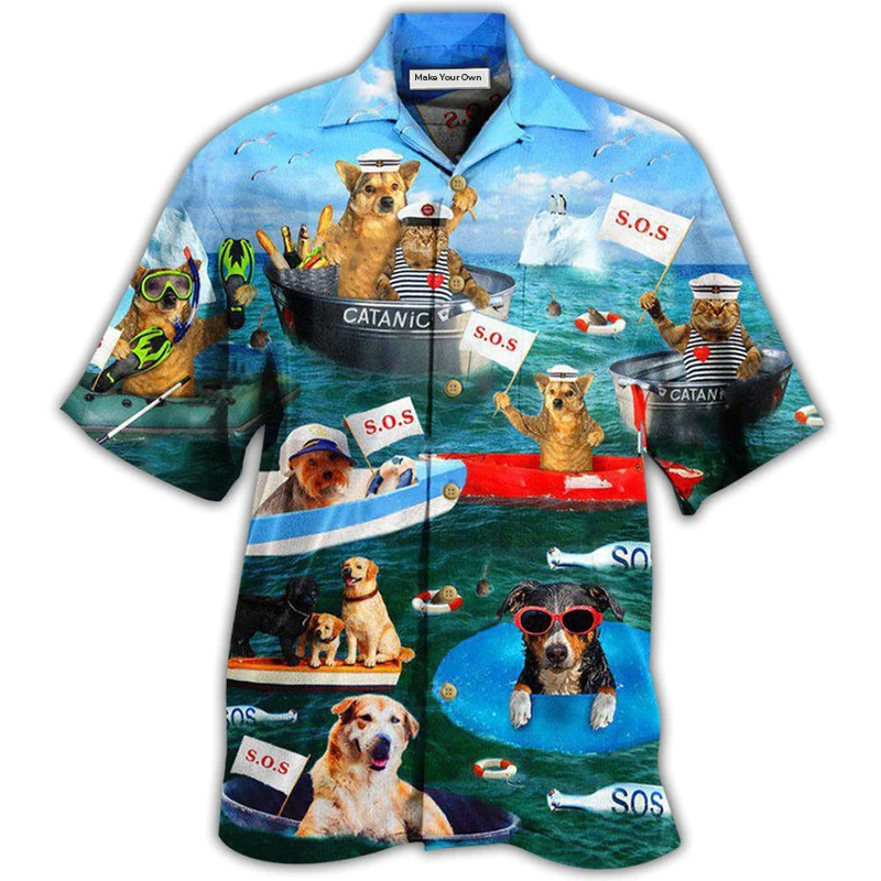 Funny Dogs Cats Team Hawaiian Shirt Pattern Detail For Summer Holidays And Outdoor Fun