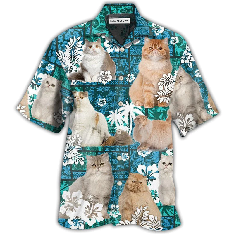 Tropical Cat Persian Hawaiian Shirt Pattern Detail For Summer Holidays And Outdoor Fun