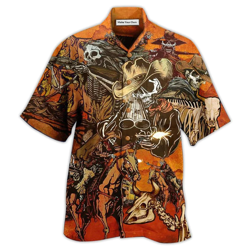 Orange Skull Cowboy War Hawaiian Shirt Design Detail For Sunny Adventures And Casual Wear