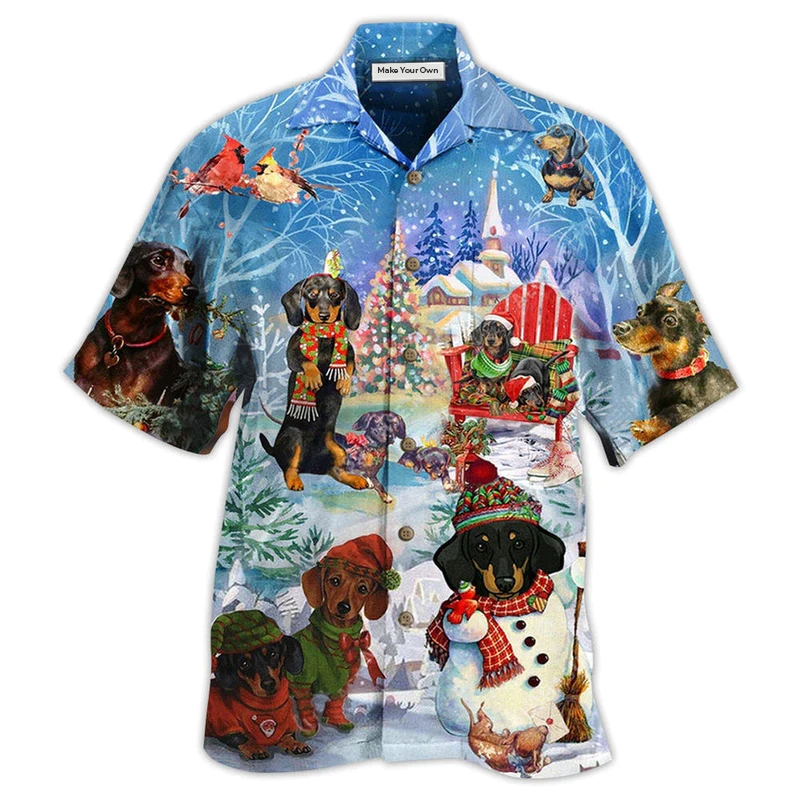 Festive Dachshund Snow Christmas Hawaiian Shirt Artwork Detail For Tropical Trips And Casual Outings