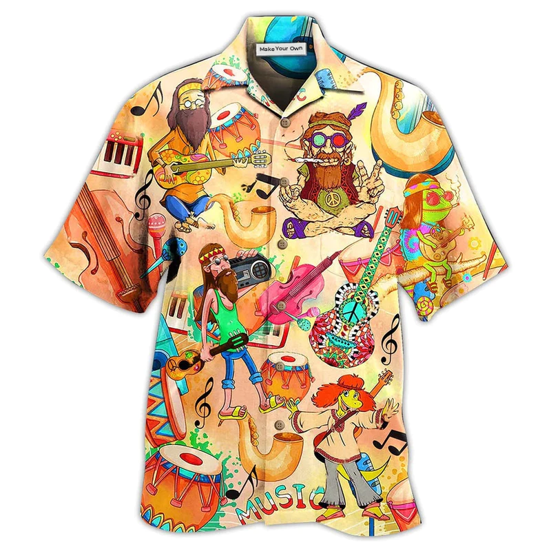 Bohemian Funny Music Hawaiian Shirt Design Detail For Sunny Adventures And Casual Wear