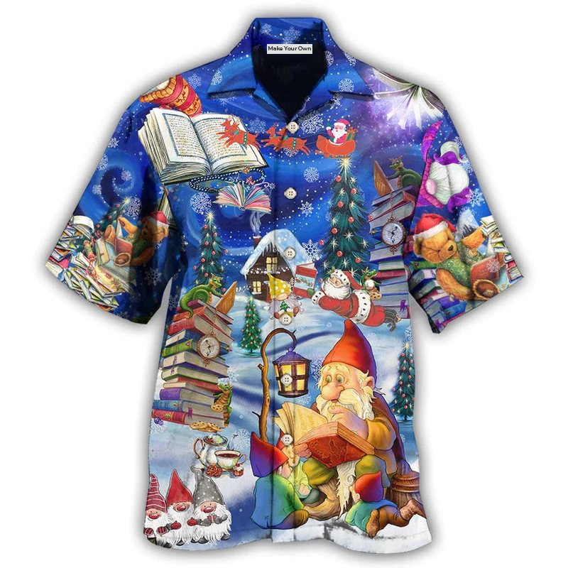 Happy Festive Book Christmas Hawaiian Shirt Design Detail For Beach Days And Holiday Travel