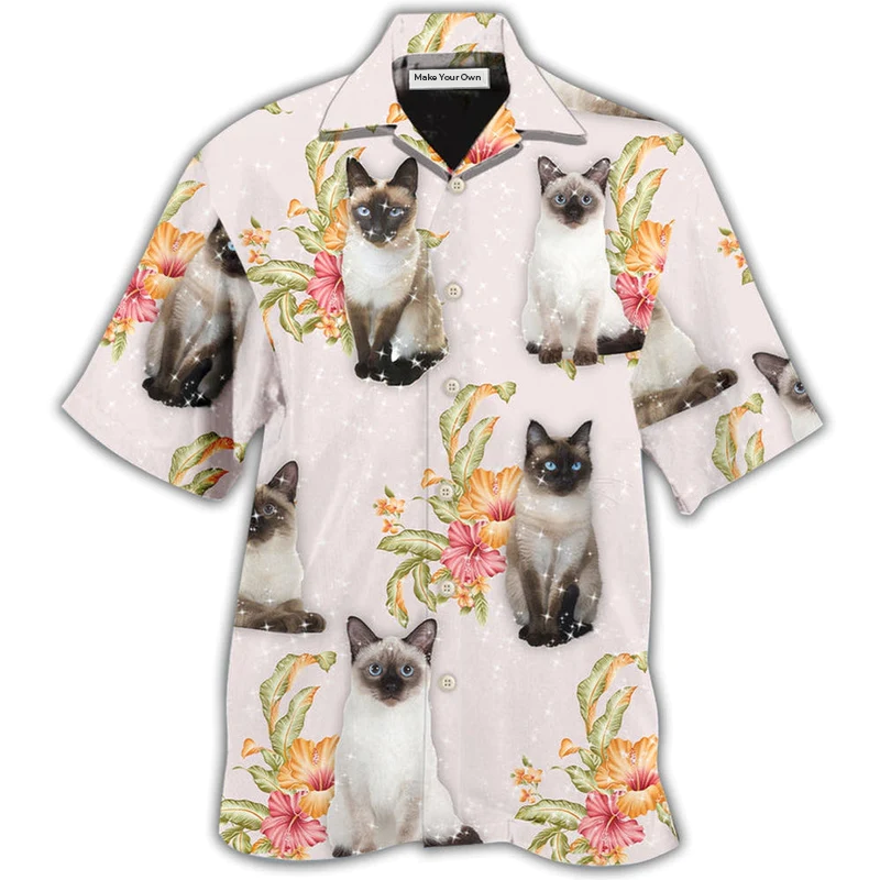 Tropical Floral Cat Siamese Hawaiian Shirt Design View For Resort Travel And Thoughtful Gifting