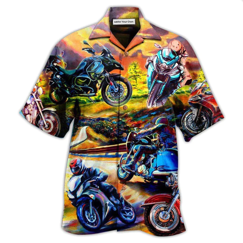 Motorcycle Sunset Romantic Hawaiian Shirt Artwork View For Coastal Escapes And Resort Style