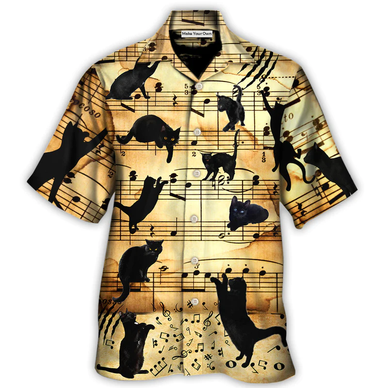 Black Cat Music Note Hawaiian Shirt Artwork View For Coastal Escapes And Resort Style