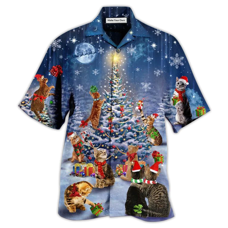 Festive Cat Christmas Hawaiian Shirt Design Detail For Sunny Adventures And Casual Wear