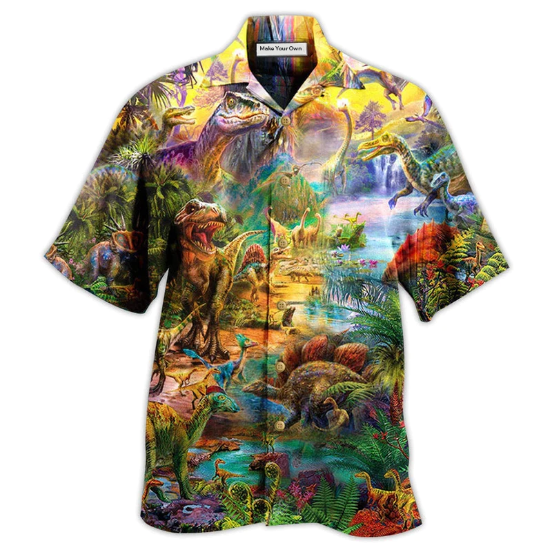 Colorful Dinosaur Hawaiian Shirt Design Detail For Sunny Adventures And Casual Wear