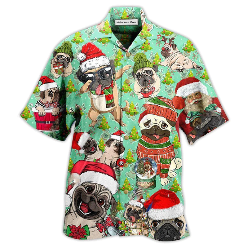 Festive Dog Pug Pugmas Hawaiian Shirt Design View For Casual Summer Styling