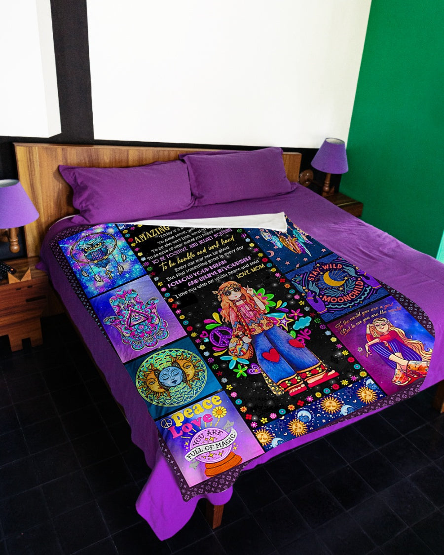 Hippie Girl Follow Your Dream Daughter Gift Flannel Blanket For Cozy Bedroom Sofa Decor