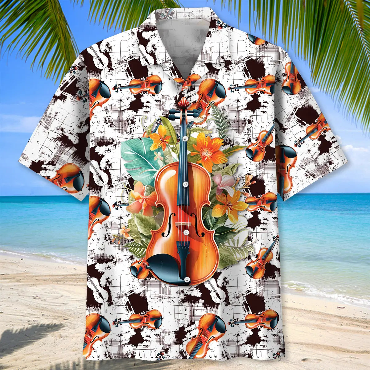 Retro Colorful Violin Hawaiian Shirt For Coastal Travel, Casual Events, And Comfortable Summer Wear