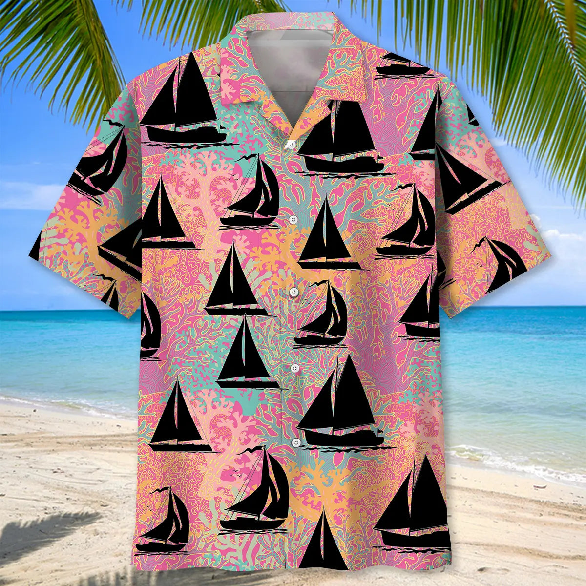 Sailboat Coral Hawaiian Shirt For Tropical Holidays, Outdoor Gatherings, And Everyday Comfort
