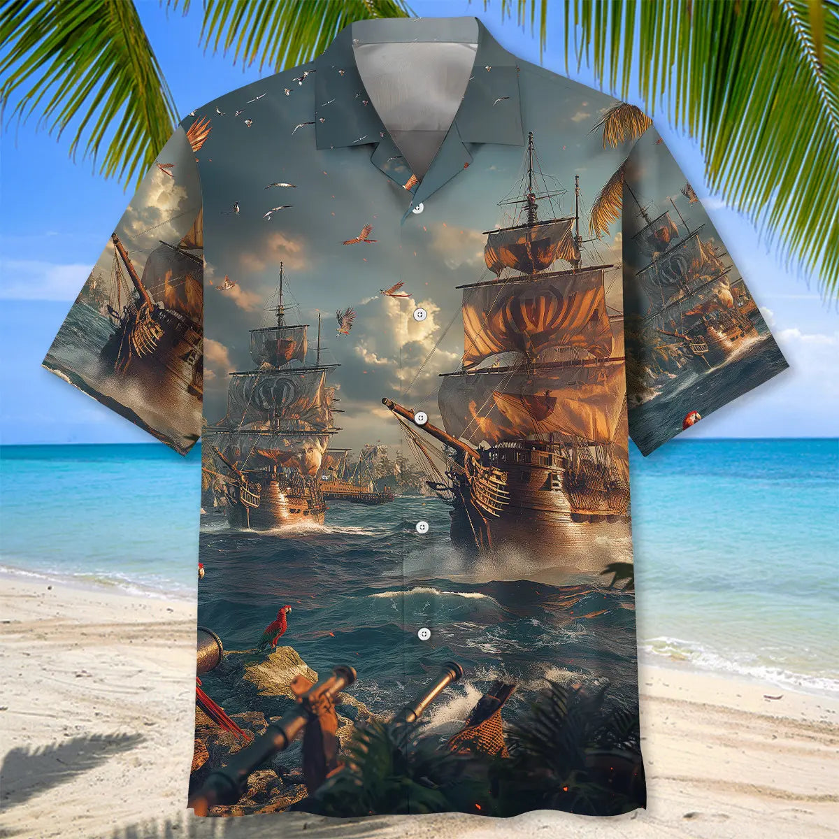 Vintage Sailboat Pirate Hawaiian Shirt For Island Vacations, Resort Wear, And Relaxed Seasonal Style