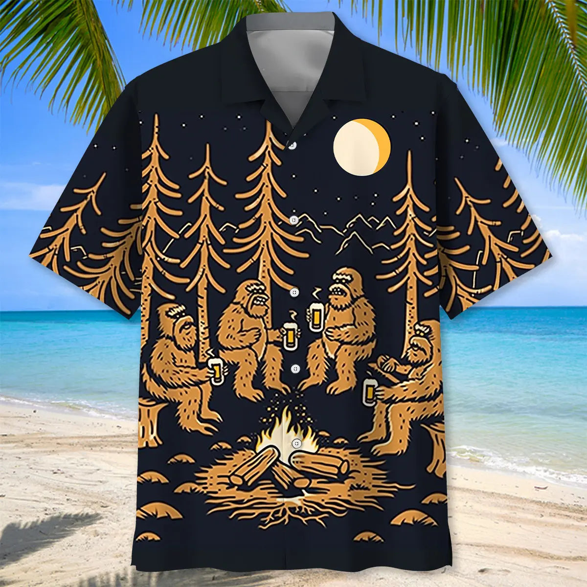 Dark Sasquatch Campfire National Park Country Hawaiian Shirt For Summer Vacation, Beach Travel, And Casual Wear