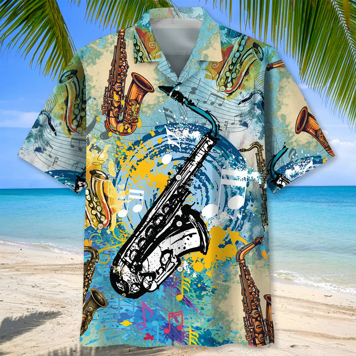 Colorful Saxophone Hawaiian Shirt For Creative Performers, Coastal Trips, And Casual Everyday Wear