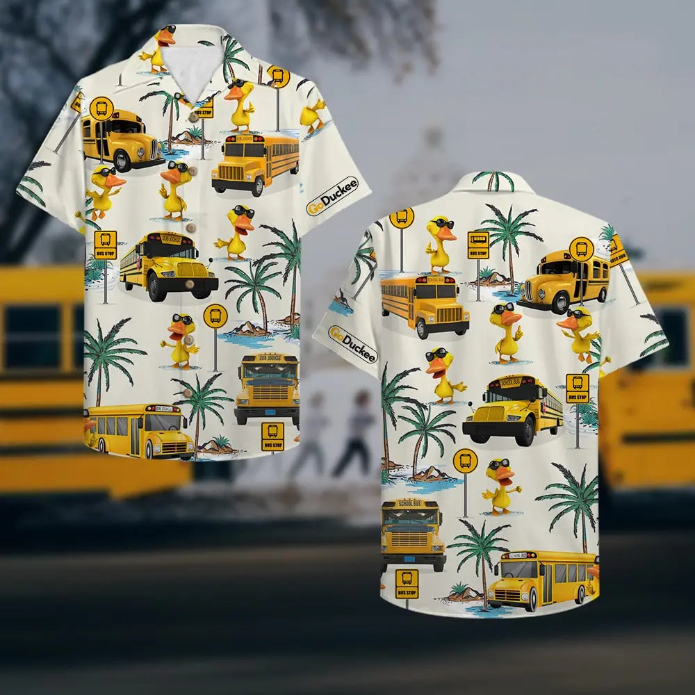 Island School Bus Drive Duck Pattern Aloha Hawaiian Shirt For Island Vacations, Resort Wear, And Relaxed Seasonal Style