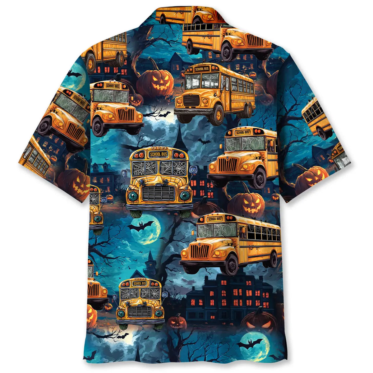 Halloween School Bus Hawaiian Shirt For Resort Trips, Coastal Parties, And Warm Weather Style