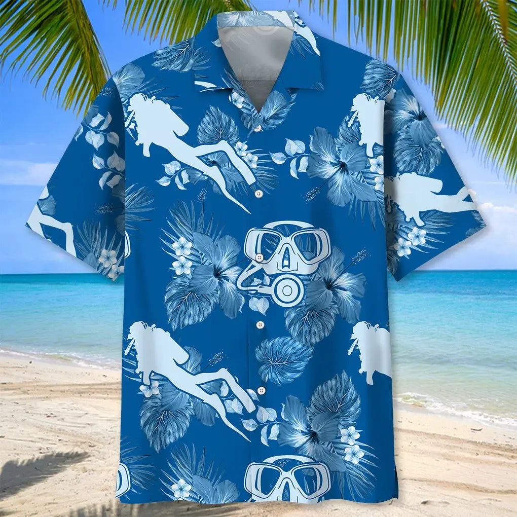 Scuba Diving Blue Hawaiian Shirt For Island Vacations, Resort Wear, And Relaxed Seasonal Style