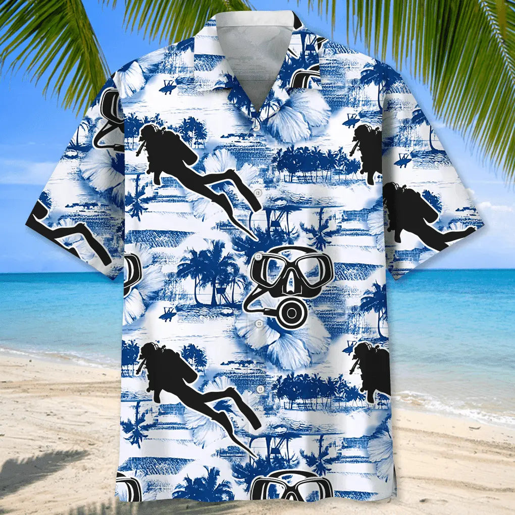 Scuba Diving Blue Nature Hawaiian Shirt For Resort Trips, Coastal Parties, And Warm Weather Style