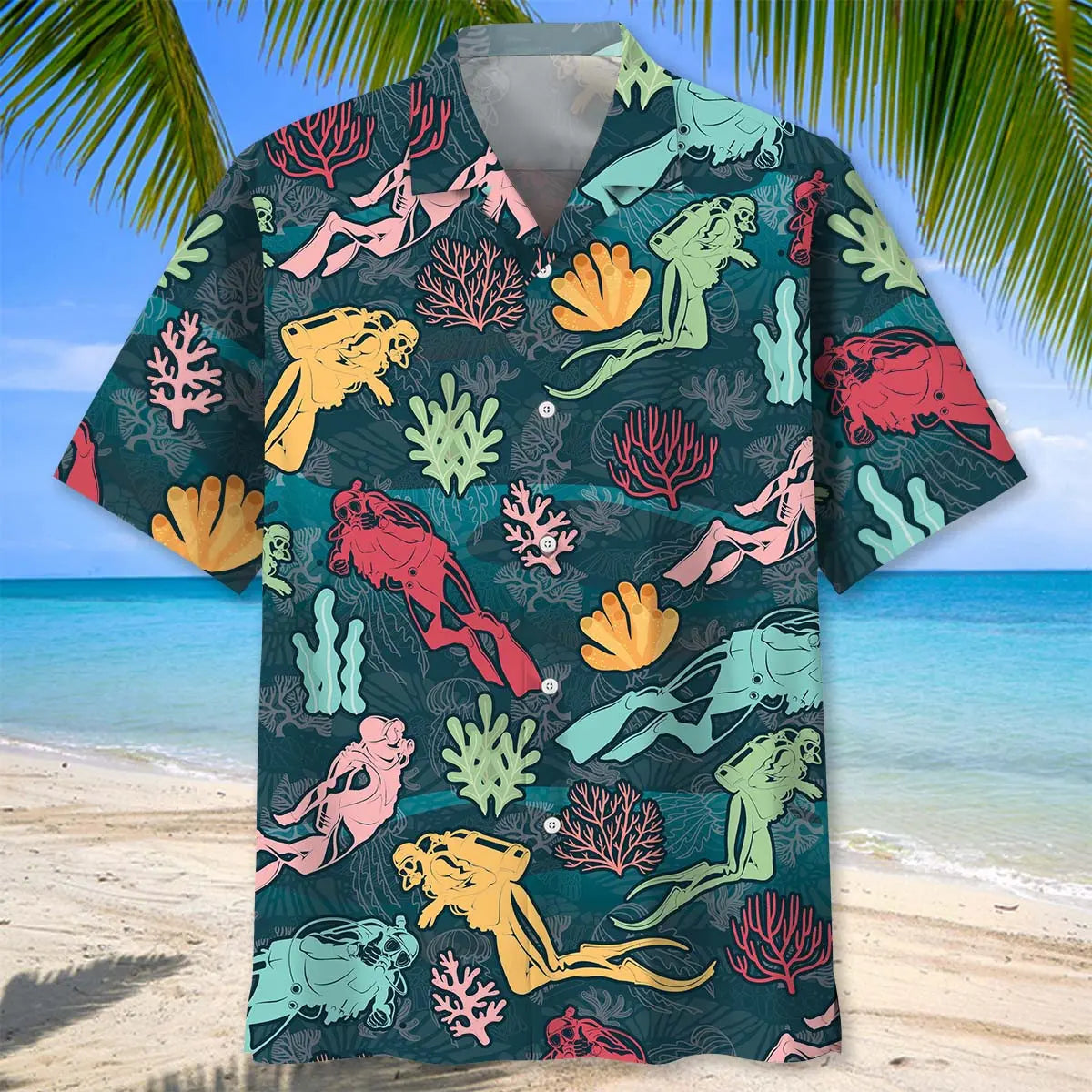 Scuba Diving Coral Hawaiian Shirt For Outdoor Adventures, Coastal Travel, And Comfortable Casual Style