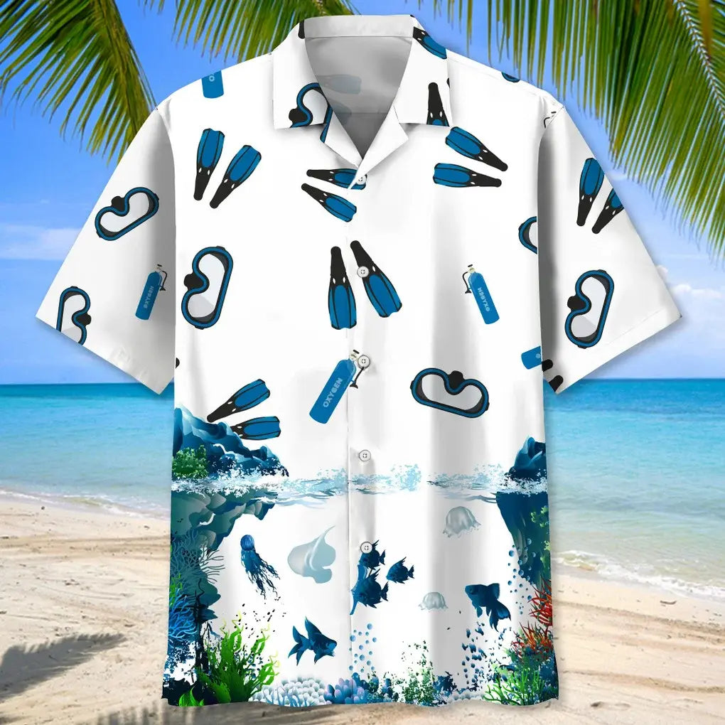 Scuba Diving Hawaiian Shirt For Summer Vacation, Beach Travel, And Casual Wear