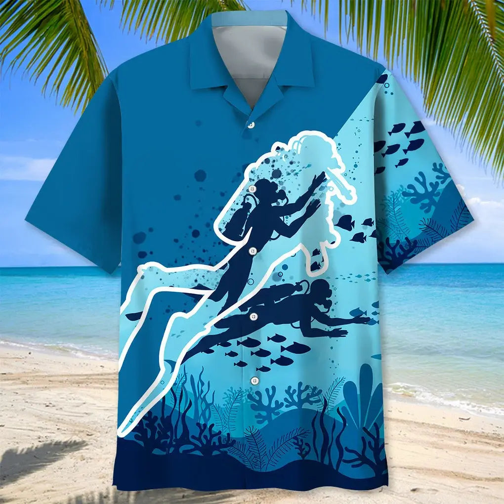Scuba Diving Ocean Hawaiian Shirt For Island Vacations, Resort Wear, And Relaxed Seasonal Style