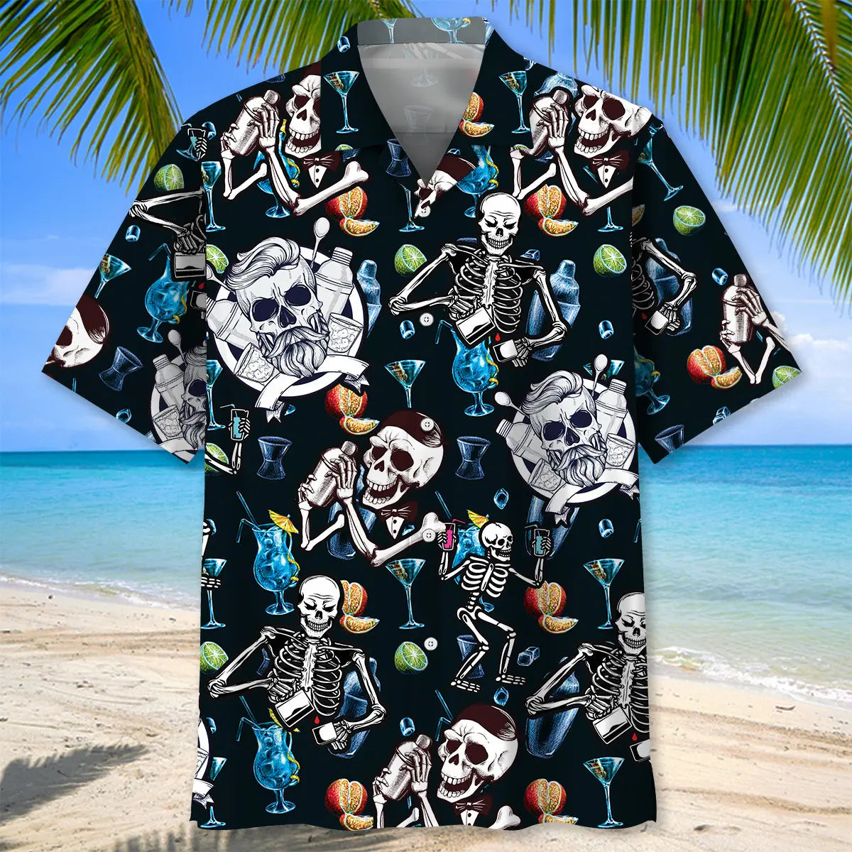 Skeleton Bartender Hawaiian Shirt For Summer Vacation, Beach Travel, And Casual Wear