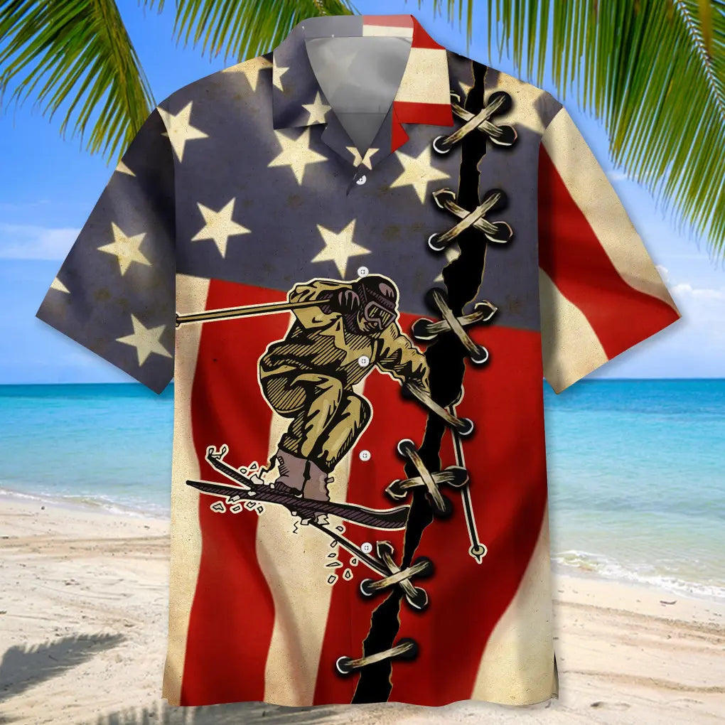 American Skiing Flag Hawaiian Shirt For Summer Vacation, Beach Travel, And Casual Wear