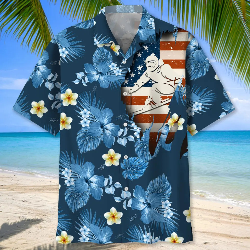 American Tropical Skiing Blue Hawaiian Shirt For Summer Vacation, Beach Travel, And Casual Wear