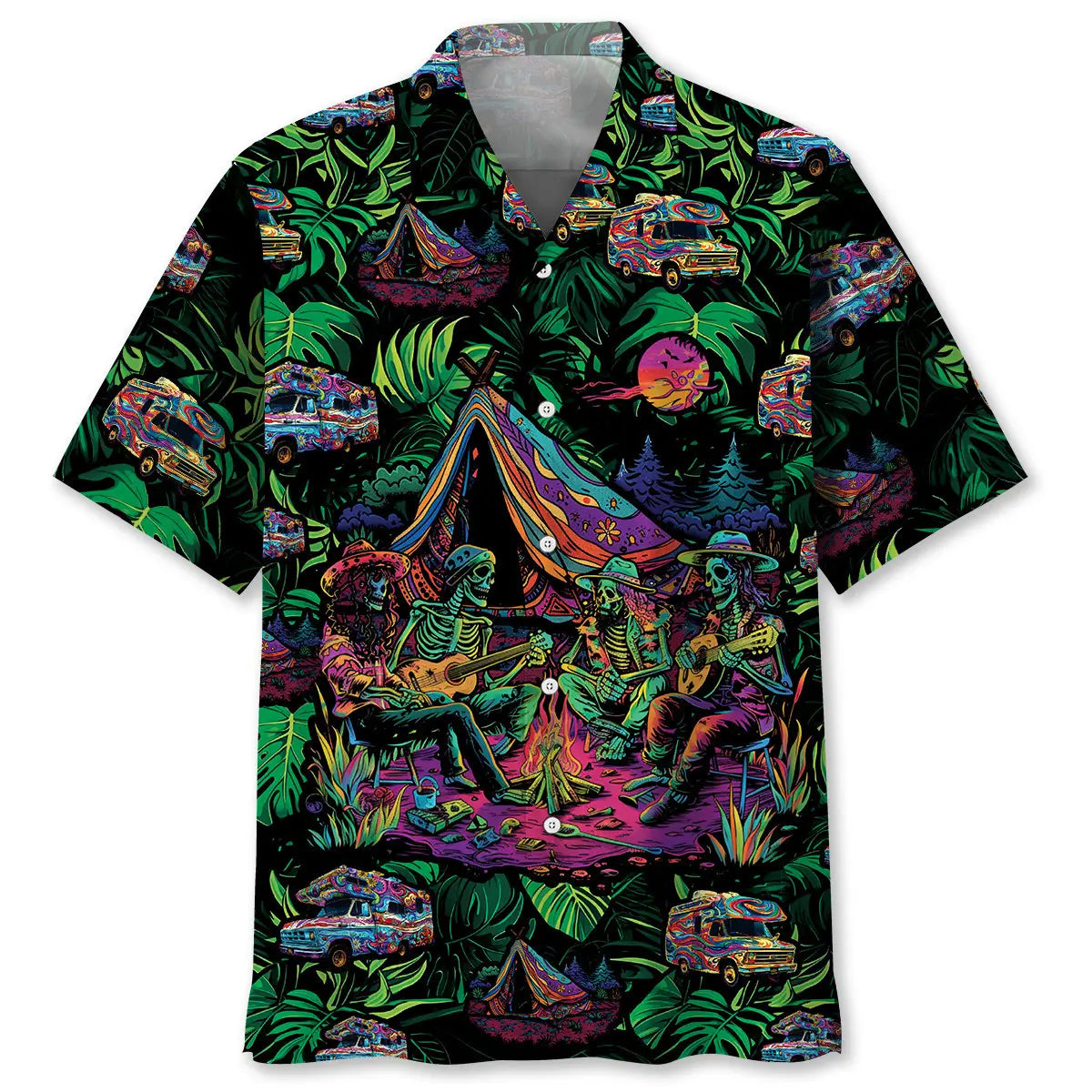 Skull Camping Stay Trippy Hippie Hawaiian Shirt For Summer Vacation, Beach Travel, And Casual Wear