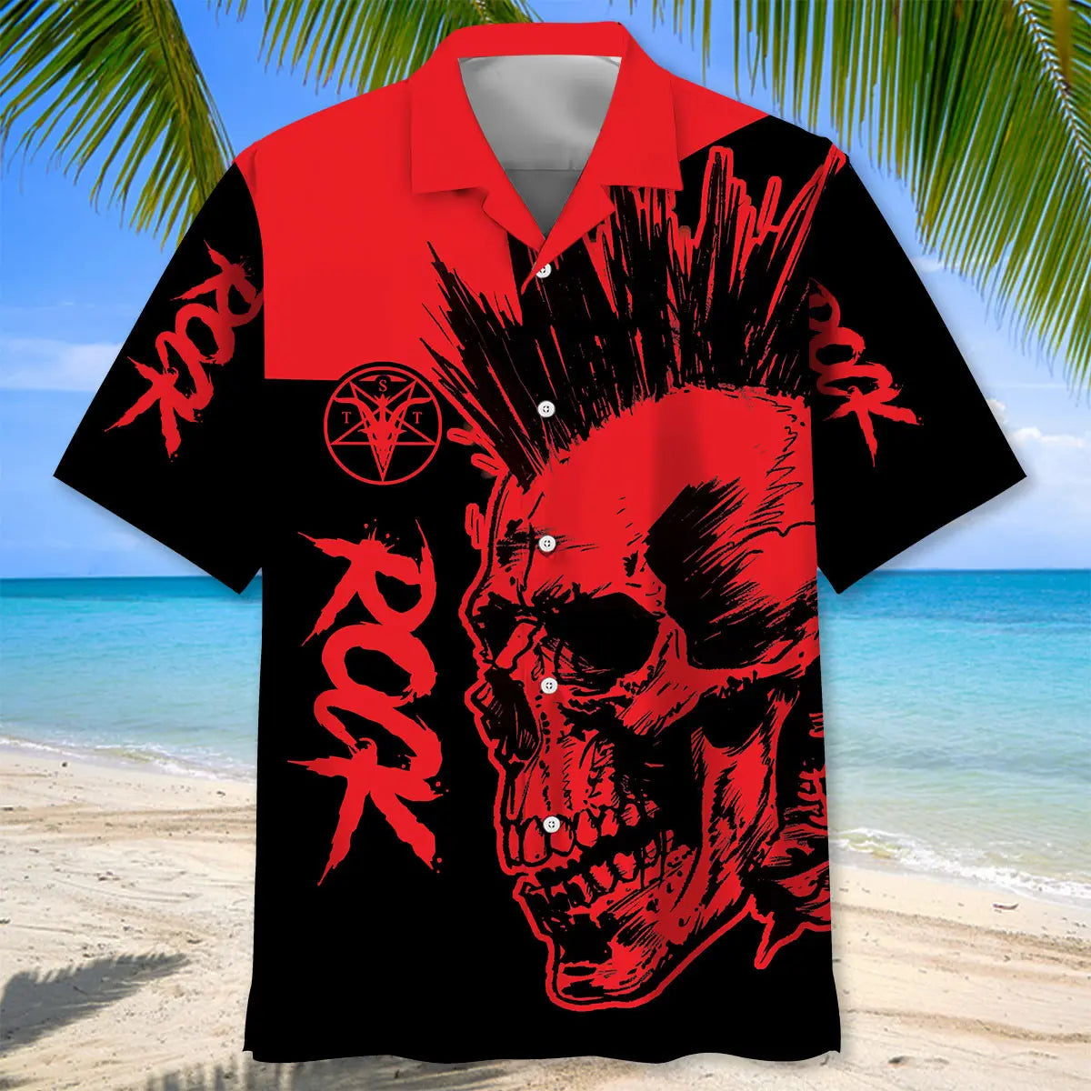 Skull Punk Rock Hawaiian Shirt For Tropical Holidays, Outdoor Gatherings, And Everyday Comfort