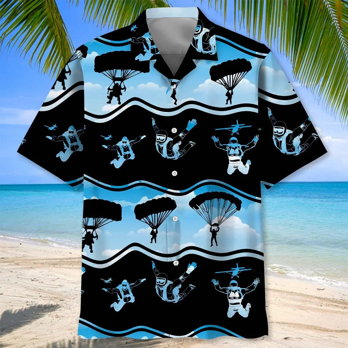 Skydiving Blue Hawaiian Shirt For Resort Trips, Coastal Parties, And Warm Weather Style