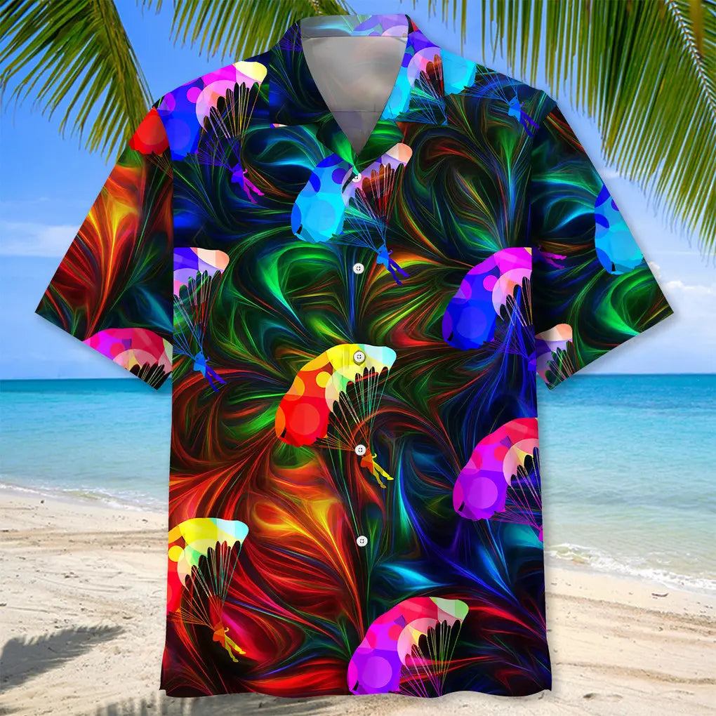 Colorful Skydiving Hawaiian Shirt For Island Vacations, Resort Wear, And Relaxed Seasonal Style