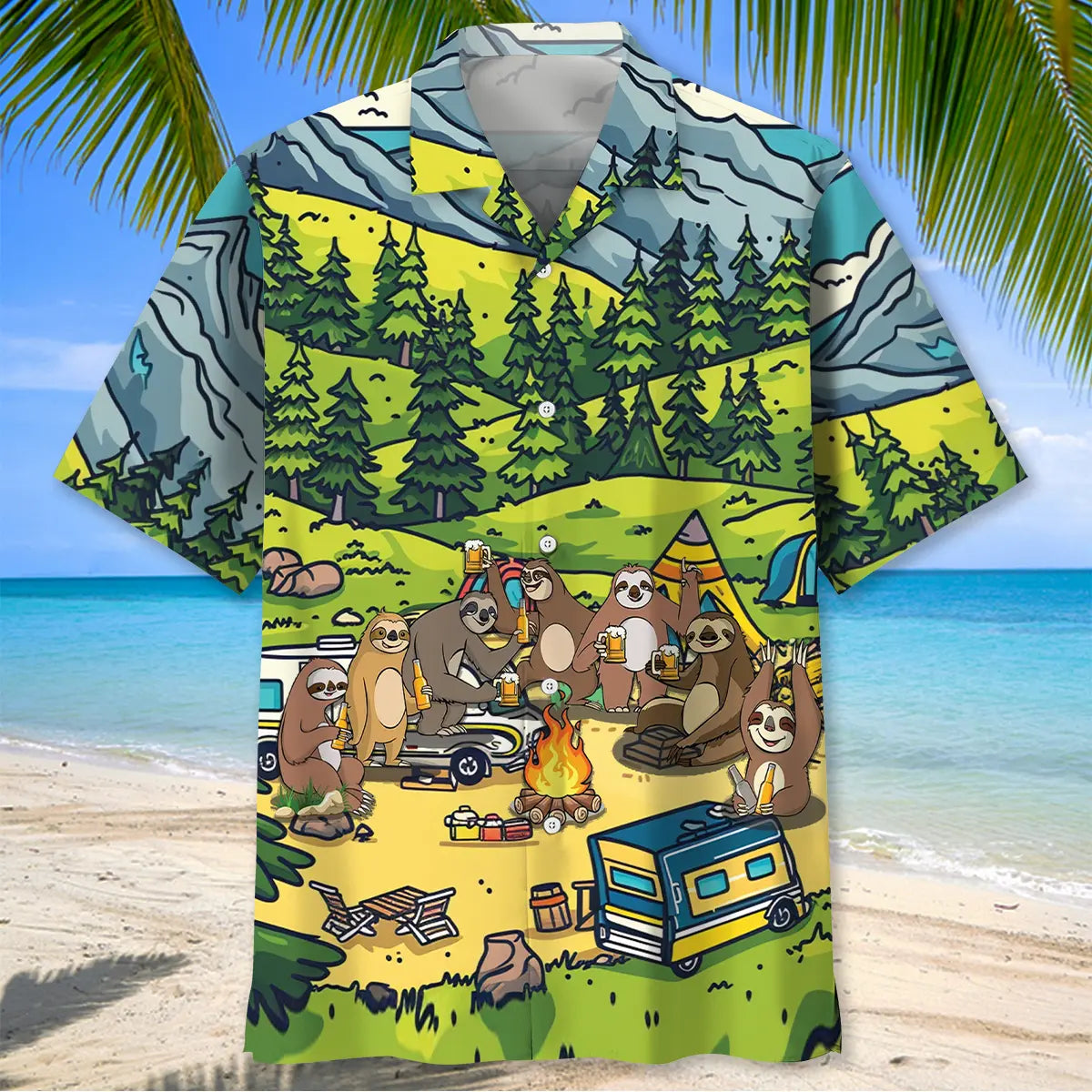 Funny Sloth Camping Hawaiian Shirt For Coastal Travel, Casual Events, And Comfortable Summer Wear