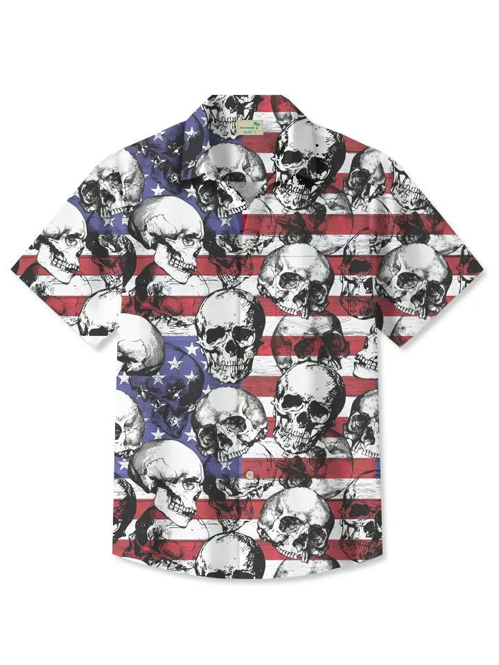 Retro Summer Independence Holiday Skull Vacation Hawaiian Shirt For Summer Vacation, Beach Travel, And Casual Wear