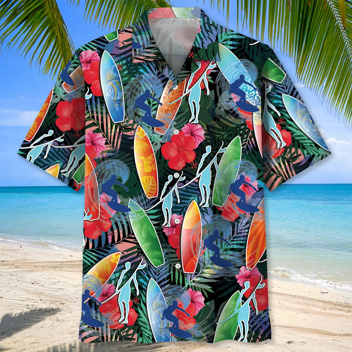 Tropical Surfing Hawaiian Shirt For Summer Vacation, Beach Travel, And Casual Wear