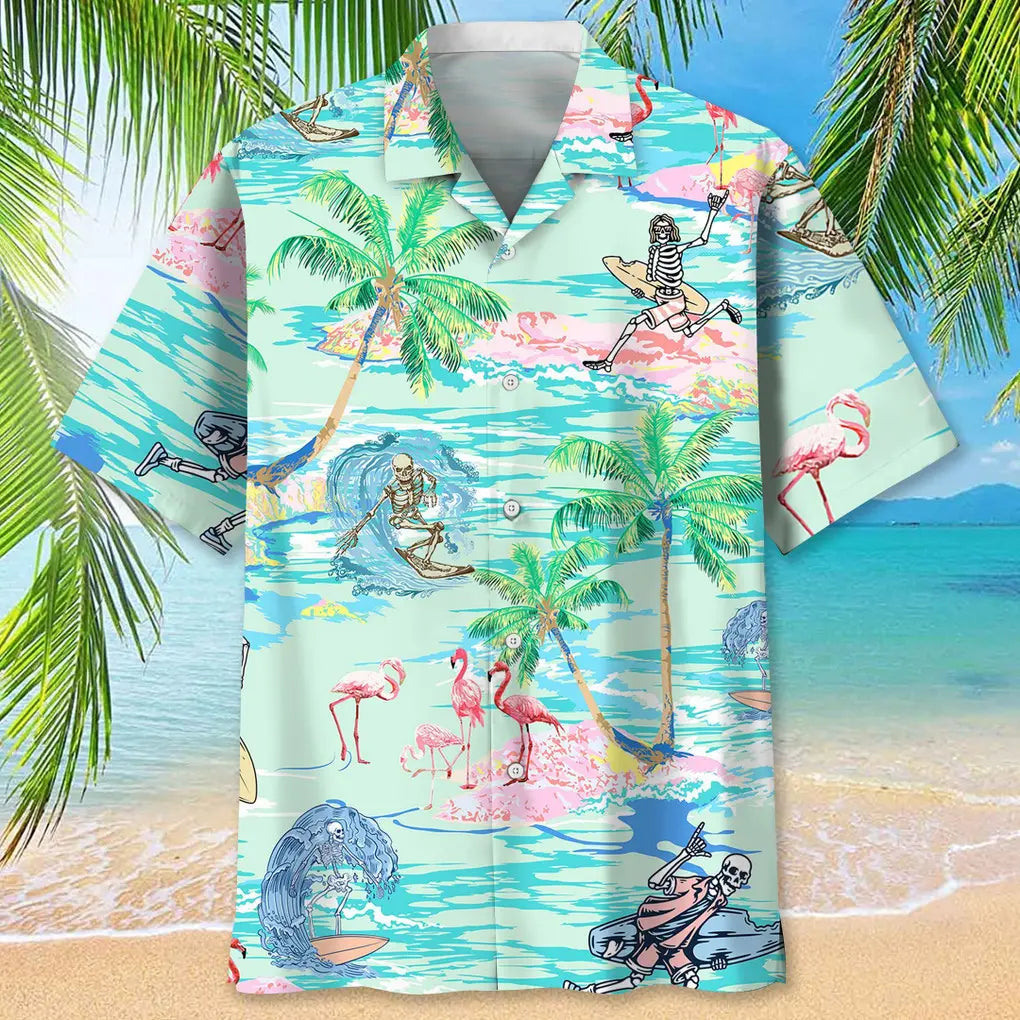 Tropical Surfing Skull Hawaiian Shirt For Tropical Holidays, Outdoor Gatherings, And Everyday Comfort