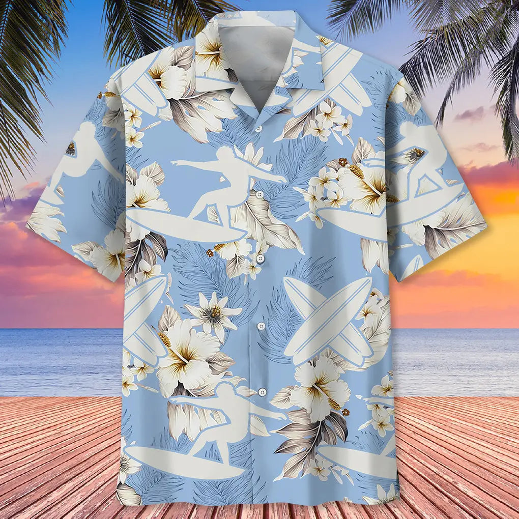 Floral Surfing White Hawaiian Shirt For Island Vacations, Resort Wear, And Relaxed Seasonal Style