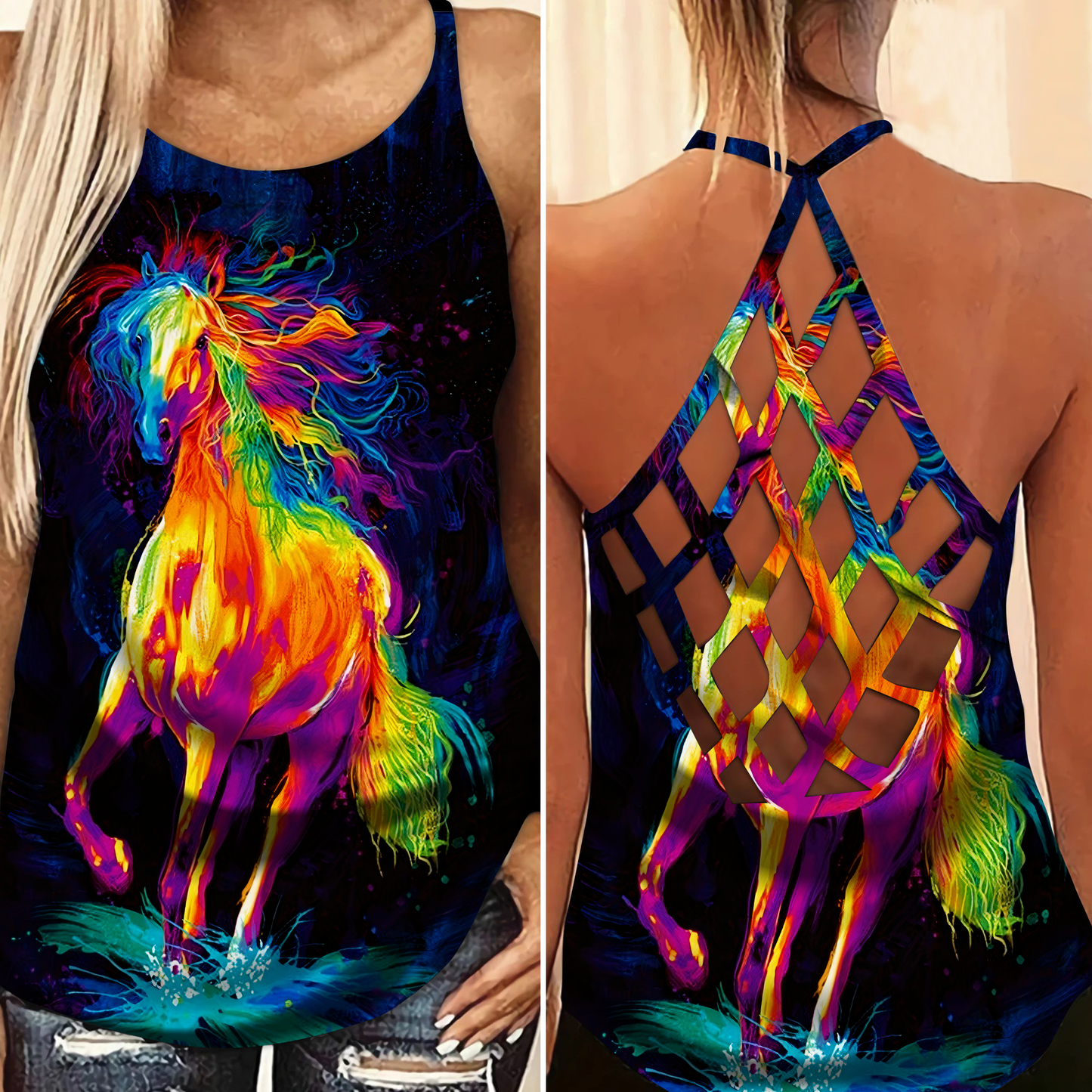 Rainbow Horses Run Free Hollow Tank Top For Yoga Workouts And Casual Wear