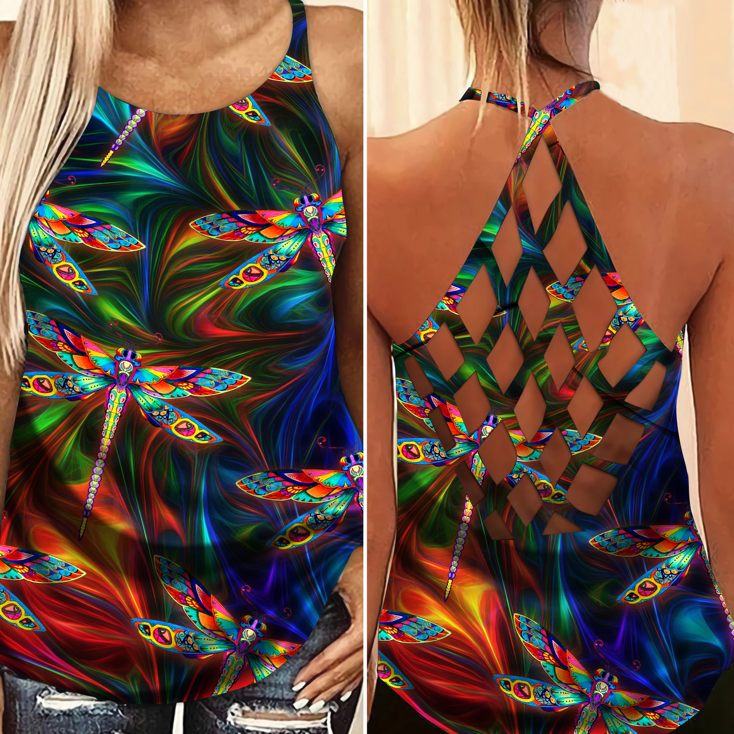 Dragonfly Sky Freedom Hollow Tank Top For Summer Travel And Relaxed Outfits