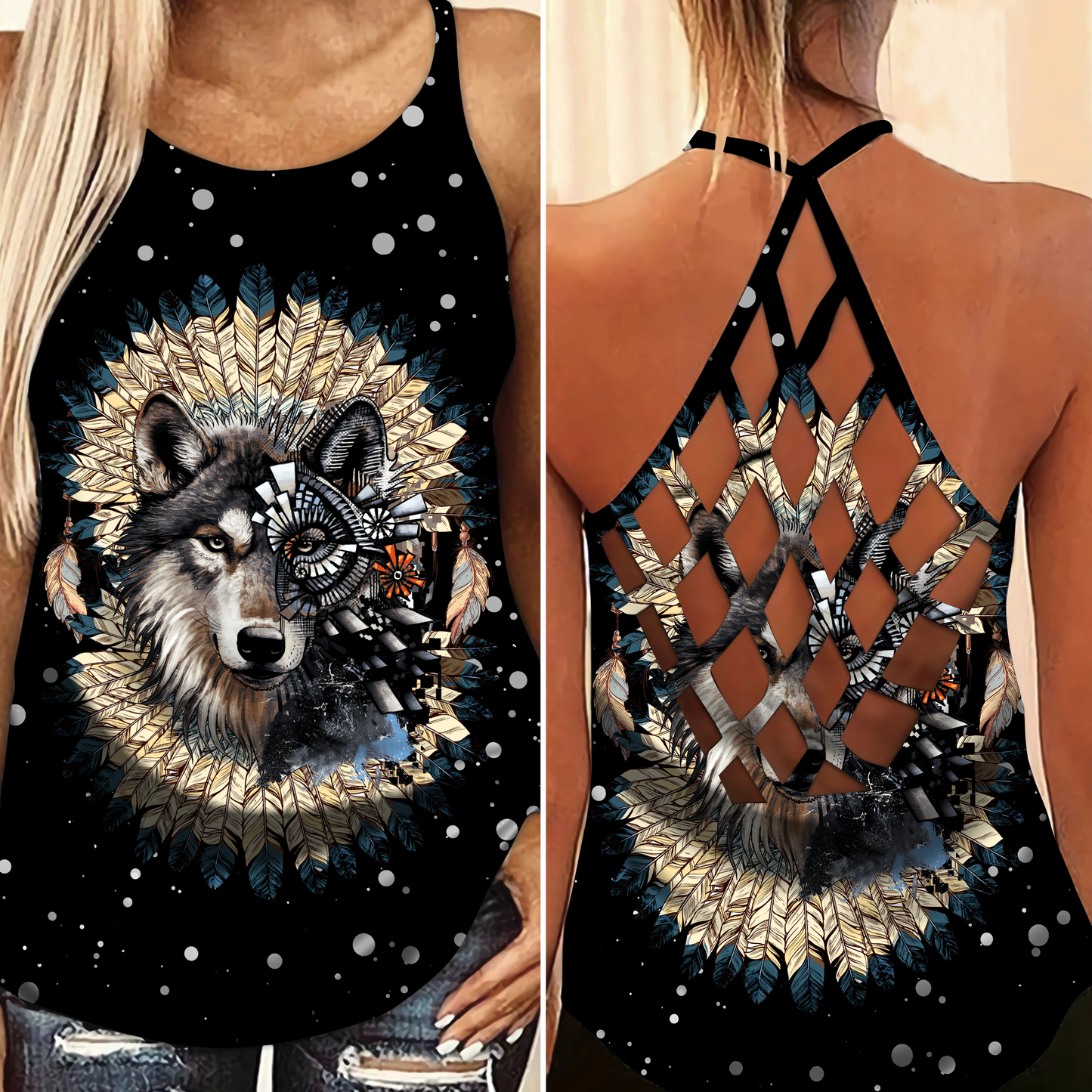 Native Wolf Dreamer Black Hollow Tank Top For Fitness Activities And Relaxed Style