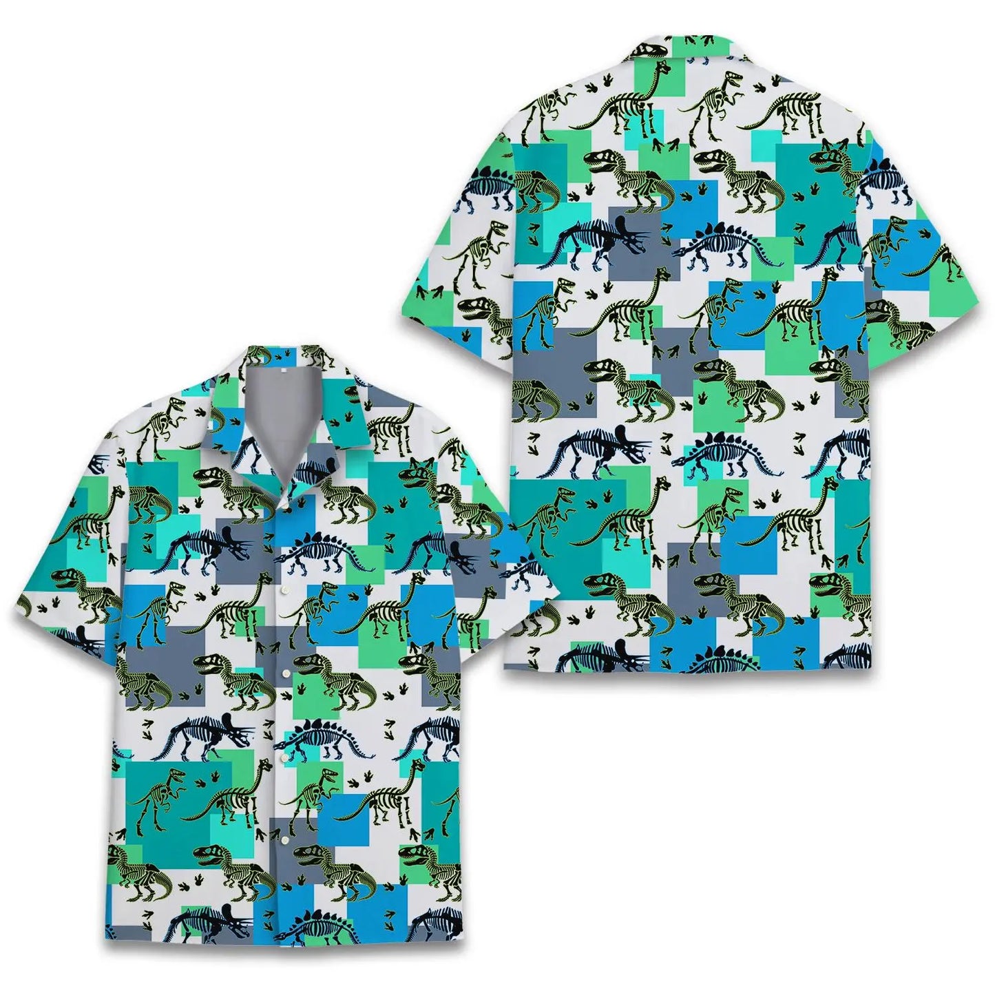 Island Dinosaur Rex Bones Aloha Hawaiian Shirt For Summer Vacation, Beach Travel, And Casual Wear